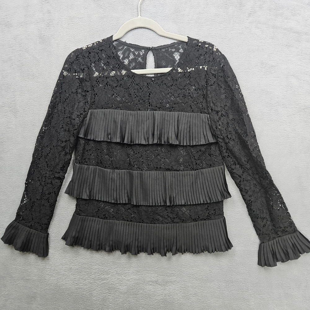 J.Crew Black Floral Lace Pleated Tiered Ruffle Long Sleeve Top Size 2